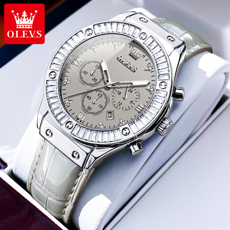 นาฬิกาควอตซ์แฟชั่นแบรนด์ OLEVS สำหรับผู้หญิงสายหนังปฏิทินเรืองแสงกันน้ำนาฬิกาข้อมือคริสตัลหรูหรา