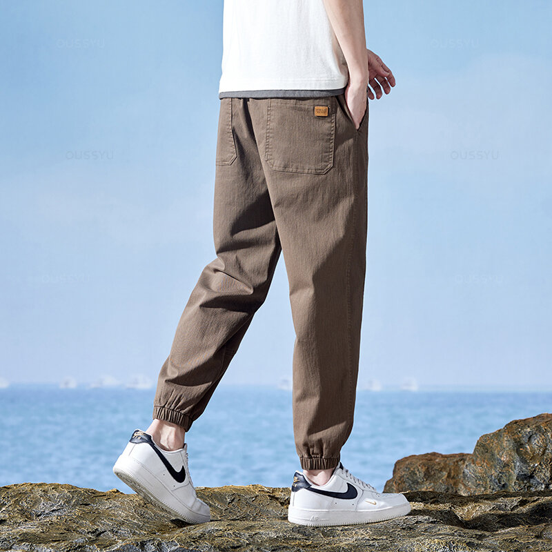 Celana Jogger katun pria, bawahan kargo kasual Hip Hop tipis Harajuku Korea pinggang elastis untuk kerja 2024