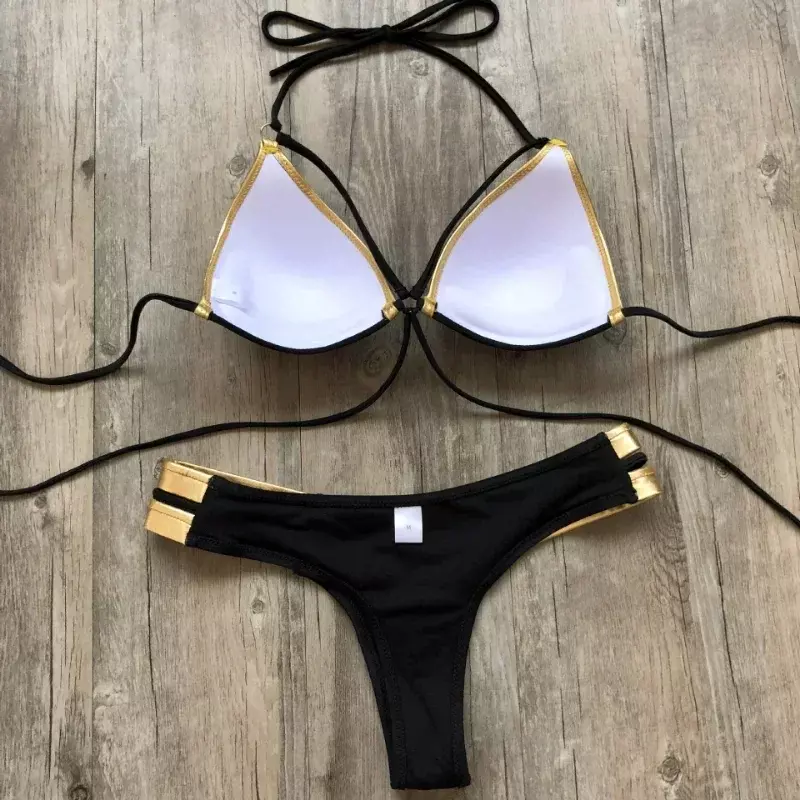 Nowe Bikini Push Up strój kąpielowy Halter odzież damska kostium kąpielowy złote tłoczenie brazylijskie Bikini zestaw 2024 seksowne plażowe stroje kąpielowe