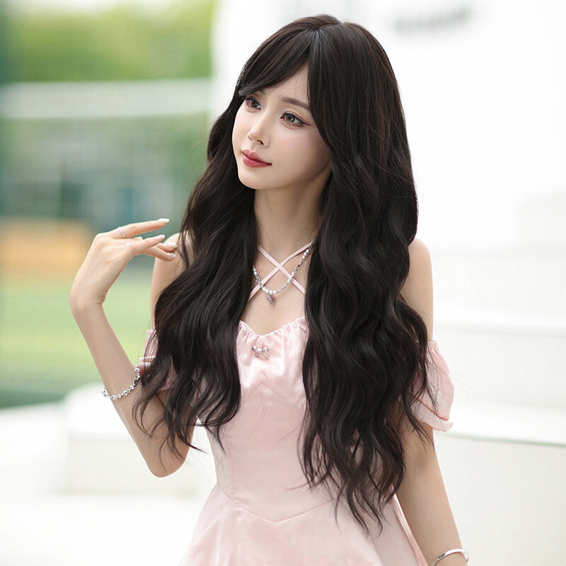 7JHH WIGS Side Part Wig Synthetic Layered Body Wavy Dark Brown Wig for Women High Density Long Curly Wigs with Bangs Glueless