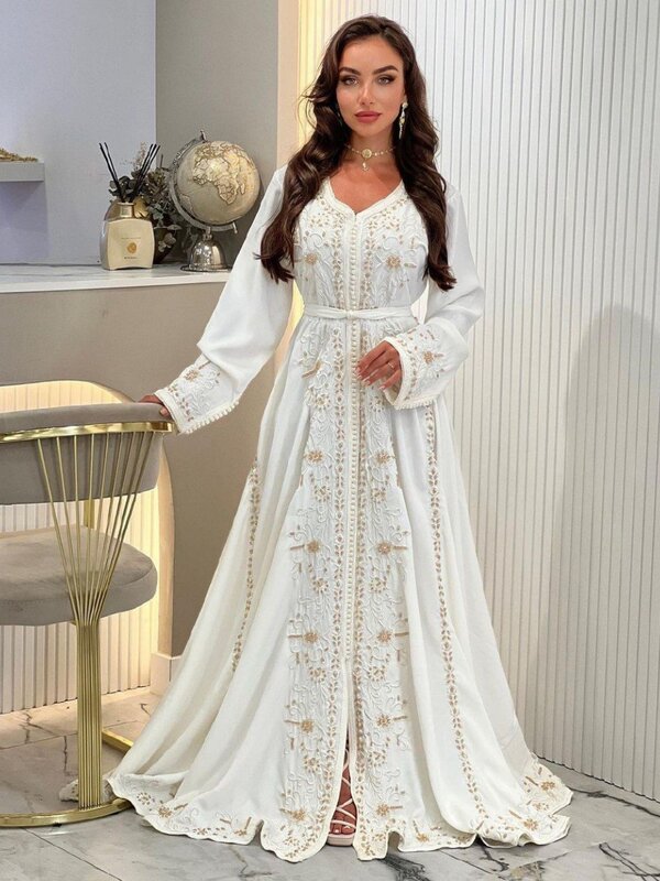 Kaftan Perlen Applikationen Abendkleider Party A-Linie Langarm Brautkleid muslimischen boden langen Kleid Robe de Mariée