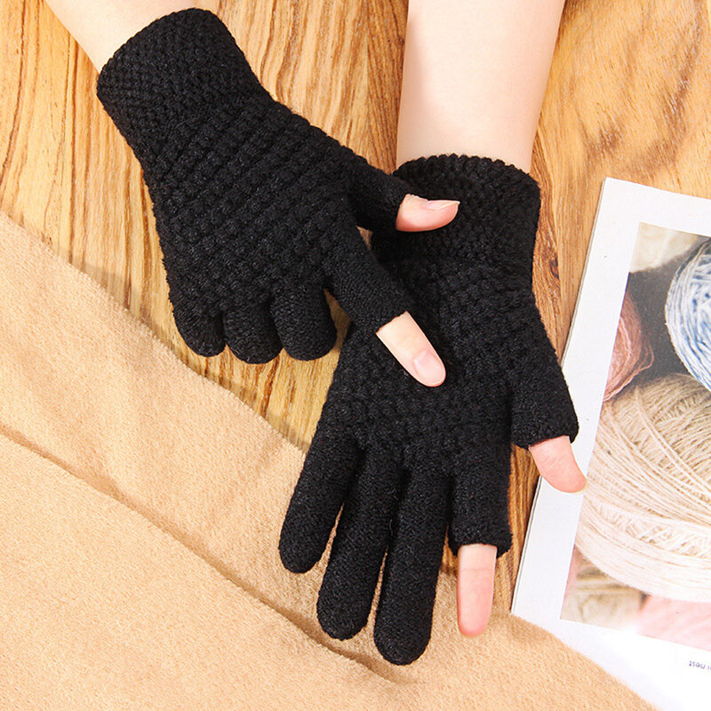 Guantes elásticos de medio dedo para mujer, manoplas de lana para pantalla táctil, de punto, sencillos, para invierno