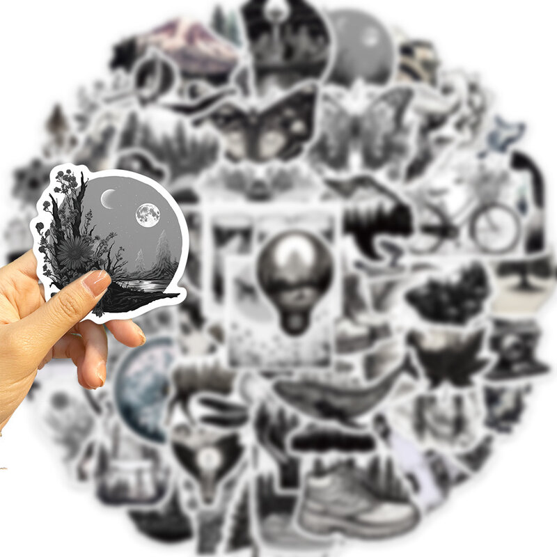 Série retro preto e branco ilustração ao ar livre, Graffiti adesivos, adequado para laptop, capacete, decoração, DIY, brinquedos, 60pcs