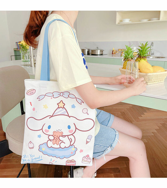 Cute Sanrio Cinnamoroll Cartoon Canvas Bag, Sacola portátil de grande capacidade, Uma bolsa de ombro Saco de armazenamento