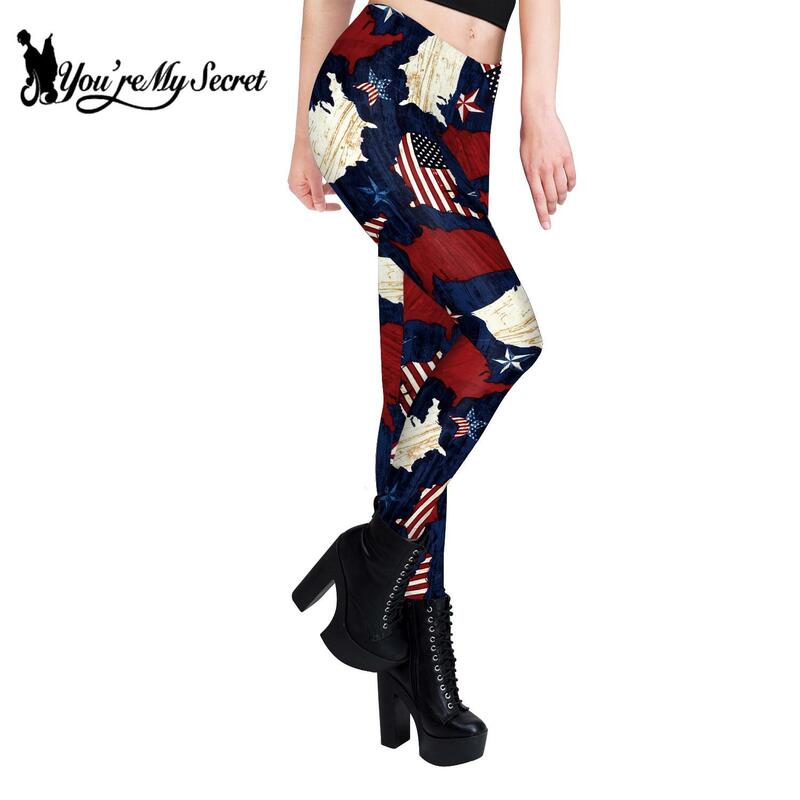 [You're My Secret] Leggings for Women Independence Day 3D Flag stripe printing Mid Waist pants Elastic Bottom Holiday Party Gift