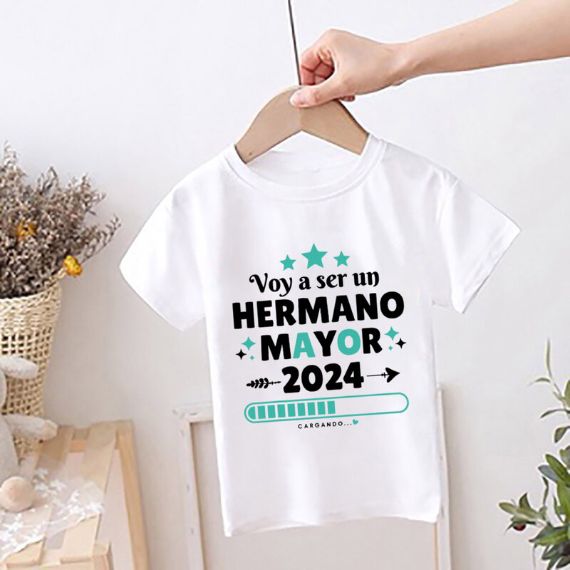 T-shirt imprimé espagnol pour enfants, je suis promu à grand réglage, t-shirt d'annonce de bébé, vêtements d'été pour enfants, t-shirt Brother 2024