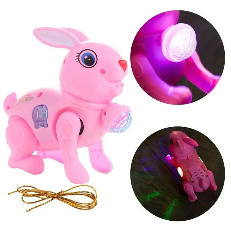 Brinquedo eletrônico do coelho andando com corda de tração, adorável luminescente, desenhos animados, música, bebê aprendendo, rastejando, novo