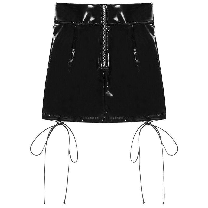 Womens Fashion Hollow Out Lace-up Mini Skirt Clubwear Wet Look Patent Leather Pencil Skirts