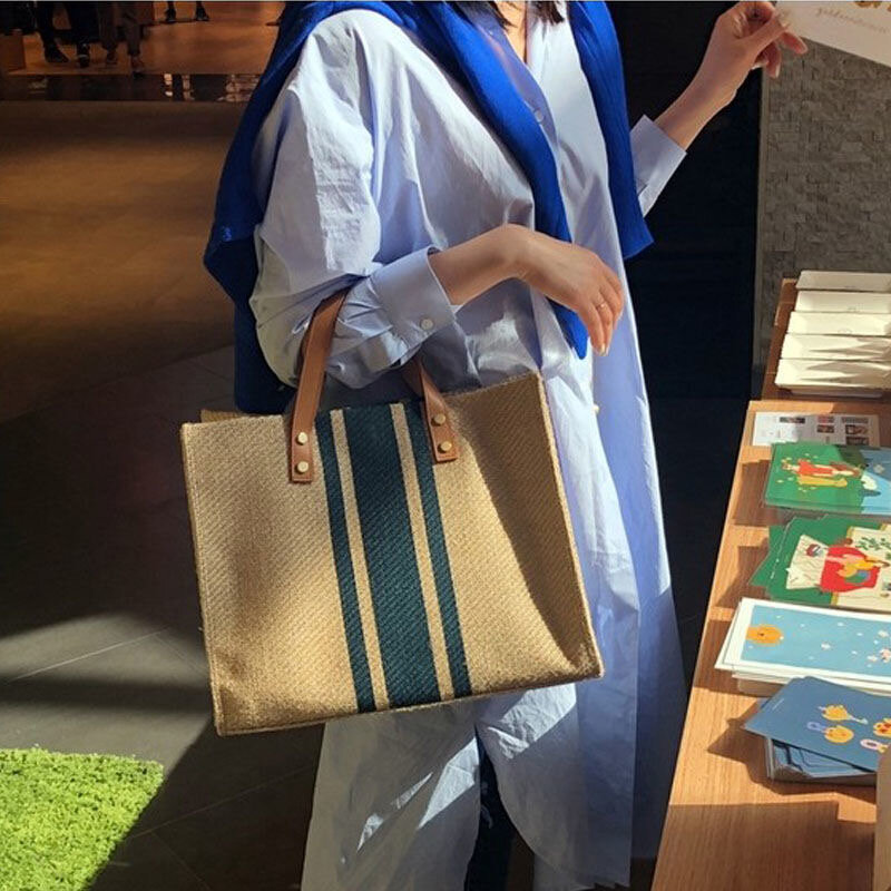Большая Холщовая Сумка для женщин, новинка 2023, роскошные сумки, винтажная полосатая Сумка-тоут, женский портативный деловой портфель OL в Корейском стиле