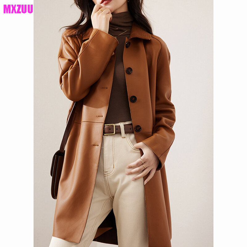 الملابس للنساء الخريف عالية الجودة جلد طبيعي سترة Manteau فام التلبيب واحدة الصدر متوسطة إلى طويلة جلد الغنم معطف