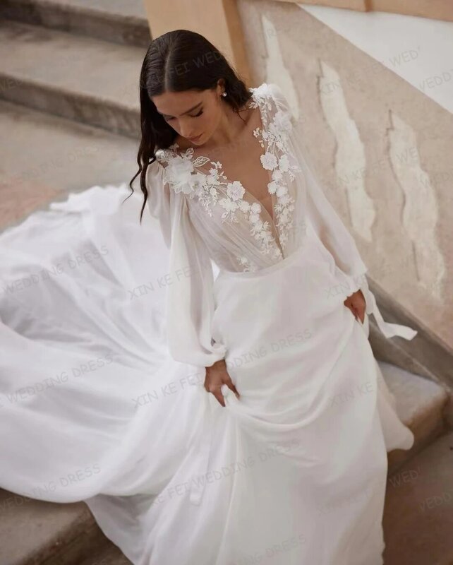 Elegant Lace Tulle 2024 Wedding Dresses Women's Sexy A-Line Long Sleeve V Neck Appliques Princess Bridal Gowns Vestidos De Novia