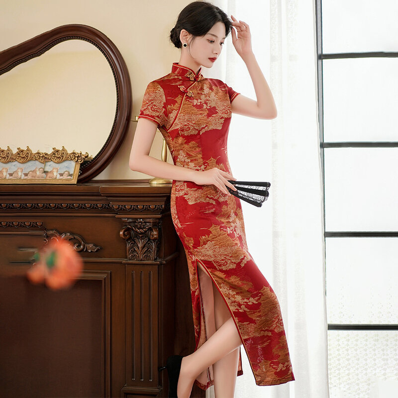 女性のためのエレガントなロングドレス,フェイクシルクの婦人服,タイト,赤と金,チャイナドレス,中国の結婚披露宴
