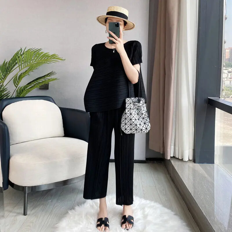 New Pleated Pajamas for Women 2 Pieces Outfits Set Summer Loose Irregular Top Straight Leg Pants Sleepwear Suit Office Lady Set