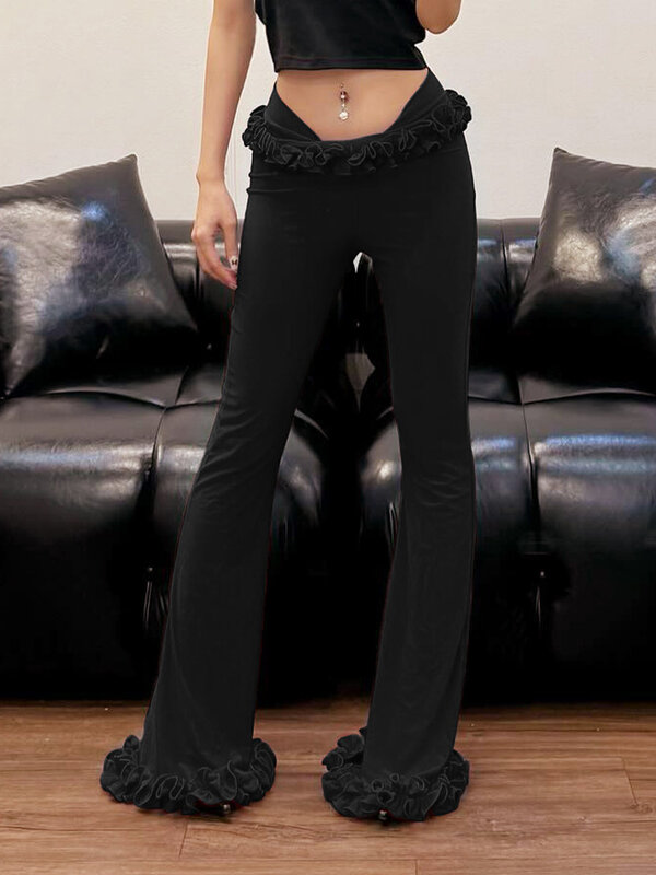 Celana Crop Wanita Musim Panas 2024, celana Crop pinggang rendah warna polos sedikit pedas renda Lotus angin pedas manis Amerika baru