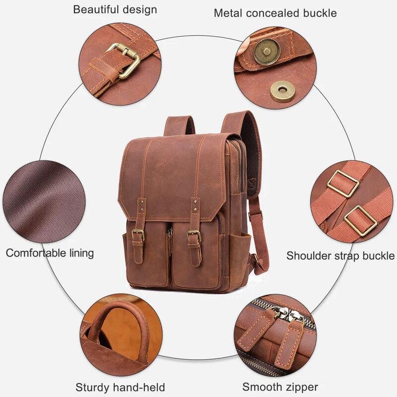 Mochila vintage impermeável para homens, bolsa para laptop de negócios, mochila luxuosa, couro de cavalo louco, novo em 2021