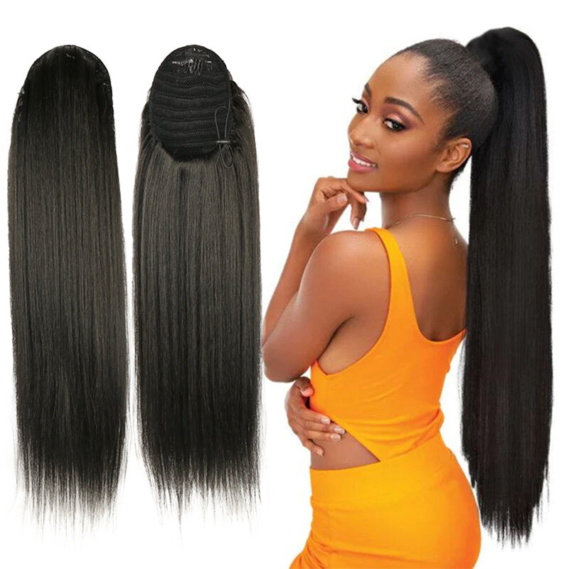 JULIANNA Synthetic Drawstring 28inch Long Smooth Kinky Straight Ponytail Extensions For Women With Clip Elastic Band