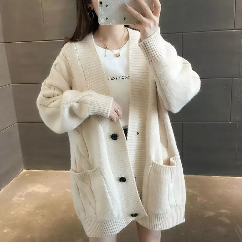 Woman Cute Cardigan Sweaters Women Elegant V Neck Knitted Tops Long Sleeve Casual Loose Cardigans Autumn Winter Femme Clothes