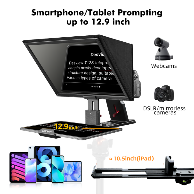 Desview-Teleprompter de aleación de aluminio T12S, pantalla de alta resolución de 12,9 pulgadas para iPad, tableta, teléfono inteligente, videocámara, cámara DSLR