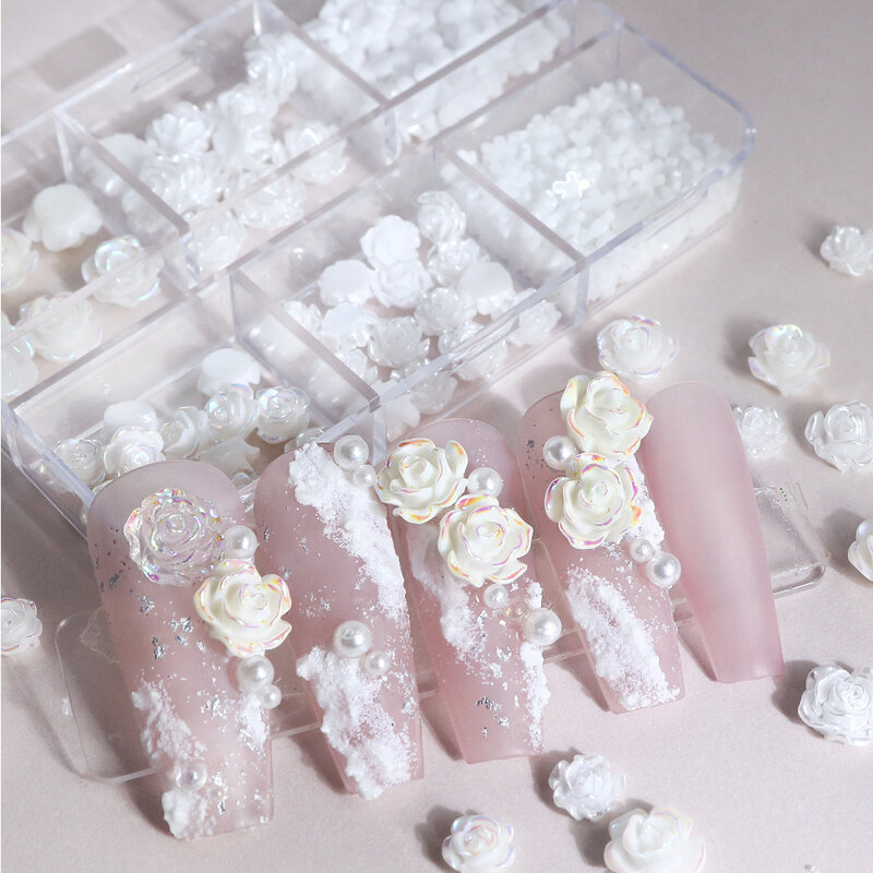 Trendy Floral Nail Art Kit with Mix-size Camellias Accessories in 6 Grid Box Mix for DIY Manicure in Clear and Sweet