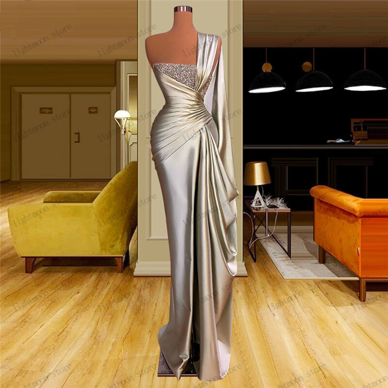 Wspaniałe suknie wieczorowe satynowe błyszczące sukienka na studniówkę jedno ramię suknie balowe długość podłogi szaty na formalne przyjęcie Vestidos De Gala