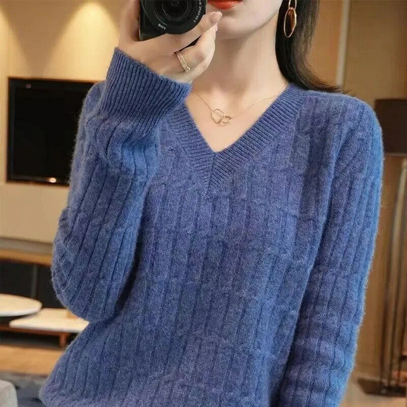 Womens Sweaters Spring Autumn V-neck Knitted Pullovers Loose Bottoming Shirt Cashmere Fashion Jumper Solid Pink Sweater