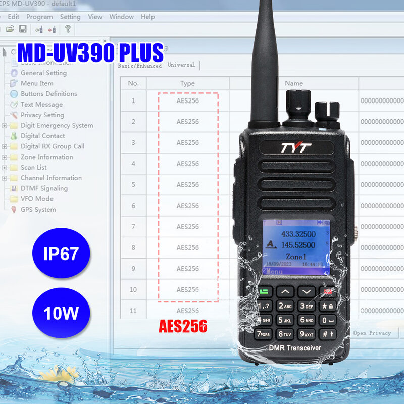 TYT-Waterproof Dual Band Walkie Talkie, MD-UV390Plus com GPS, Rádio Digital DMR 10W, Criptografia AES256, IP67, Atualização de MD-UV390