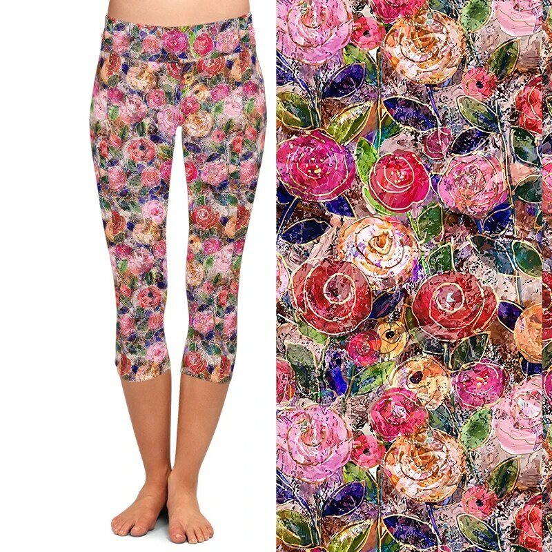 LETSFIND-mallas Capri de Fitness para mujer, Leggings de cintura alta con estampado de flores coloridas en 3D, pantalones de media pantorrilla para Fitness, 3/4