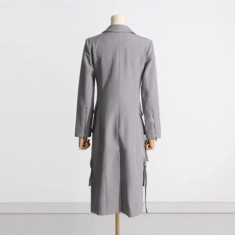 Chaqueta larga gris para mujer, traje Formal para oficina, negocios, cortavientos, ropa de trabajo, abrigo Maxi, otoño y primavera, 1 pieza