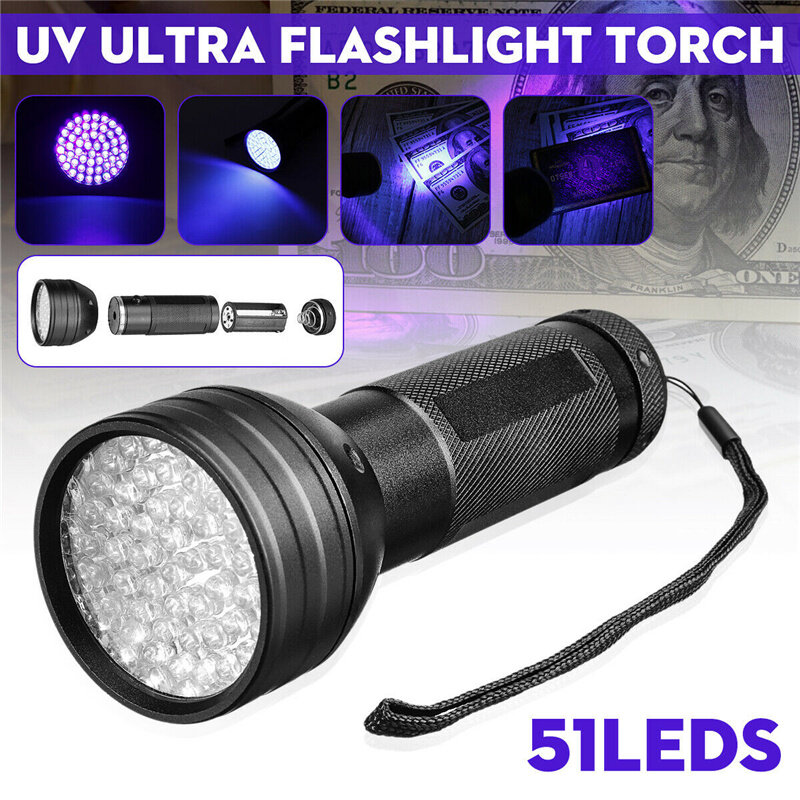 51 LED Senter UV 395nm Detektor Lampu Hitam Obor Ultraviolet untuk Anjing Urin Berpendar Tempat Tidur Bug Portabel Lampu Uv Kalajengking