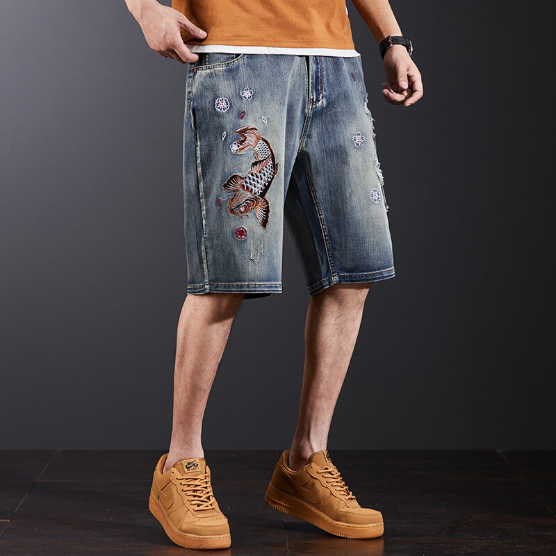 Chinese Style Koi Embroidered Denim Shorts Men's Ripped Trendy Retro Street Casual Fashion Personality plus Size Shorts