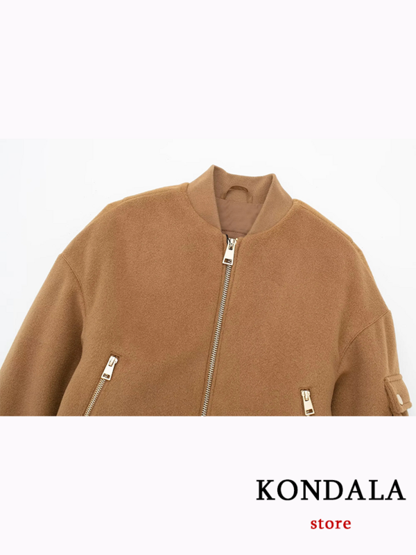 Винтажная Повседневная шикарная куртка-бомбер KONDALA, однотонные пальто на молнии с круглым вырезом и карманами и длинными рукавами, модная осенне-зимняя верхняя одежда 2023