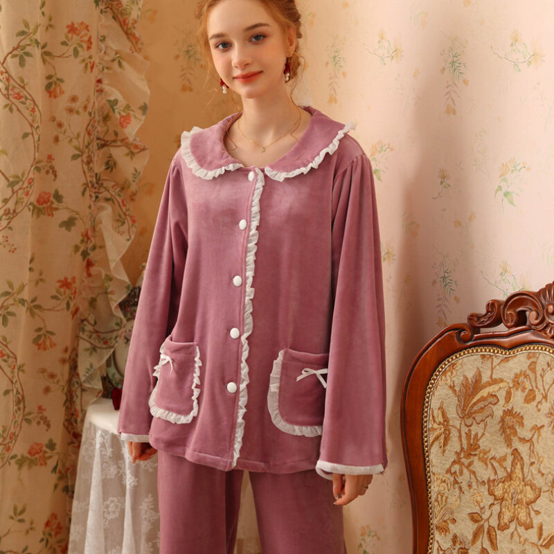 White Cute Lace Pajama Romantic Princess Sleepwear Nightwear Fairy Long Sleeve Pajamas Sets Sweet Velvet Tops Pants Loungewear