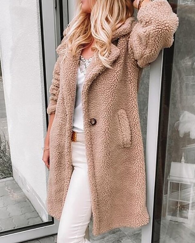 New Fashion Hot Selling Coat 2023 Women's Autumn and Winter Daily Style Split Neck Pocket Design Long Sleeve Teddy Coat