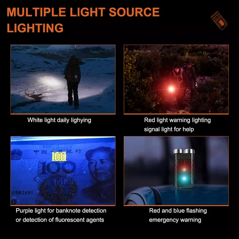 Mini Keychain Light USB Rechargeable LED Flashlight 900Lumens 10 Lighting Modes Red UV Pet Urine Stains Detector