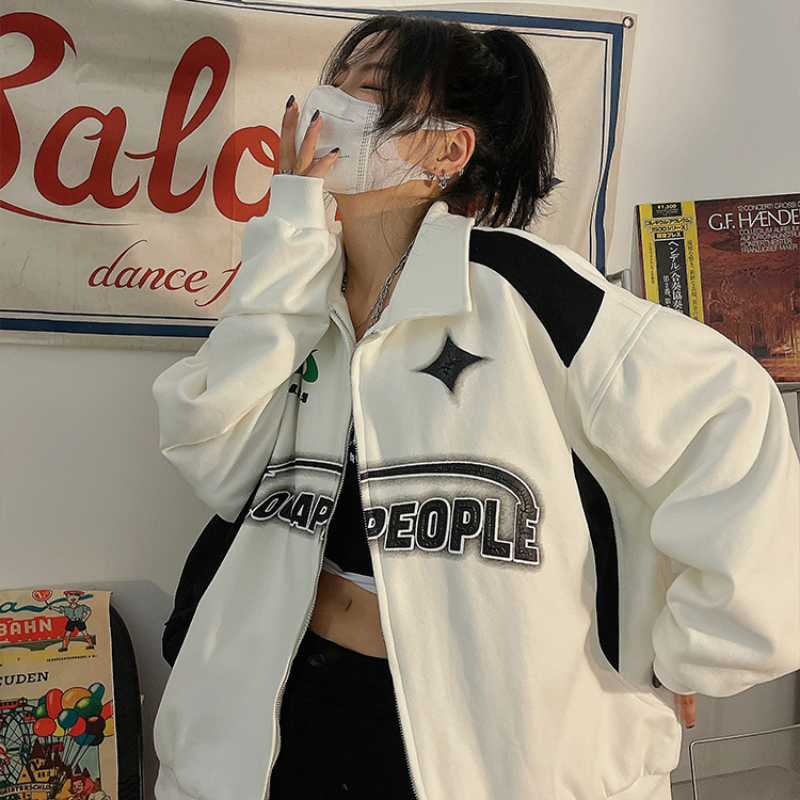 Jaket Ritsleting Motif Huruf Korea, Ukuran Besar Kasual Tren Amerika Retro Jalanan Hip Hop Jaket untuk Wanita Mantel Y2K