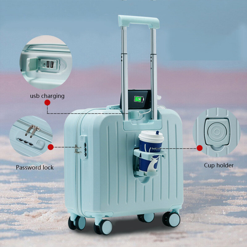 Maleta de viaje multifuncional de 18 pulgadas, maleta con contraseña para estudiantes, bolsa de equipaje rodante con portavasos