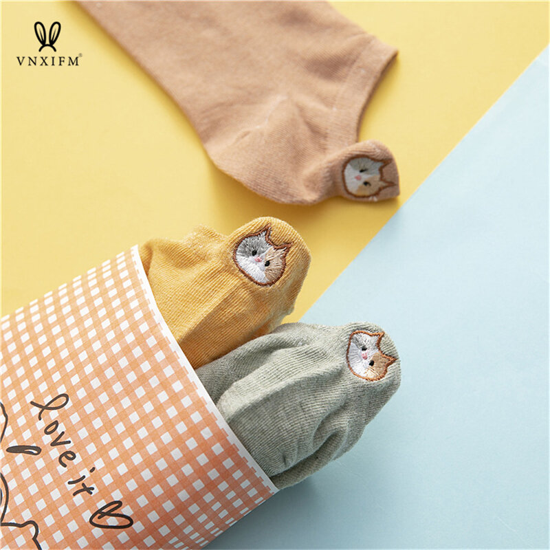 Calcetines de algodón puro con estampado de gato para mujer, medias con tacón bordado de dibujos animados, con orejas pequeñas, tridimensionales, para ocio, novedad