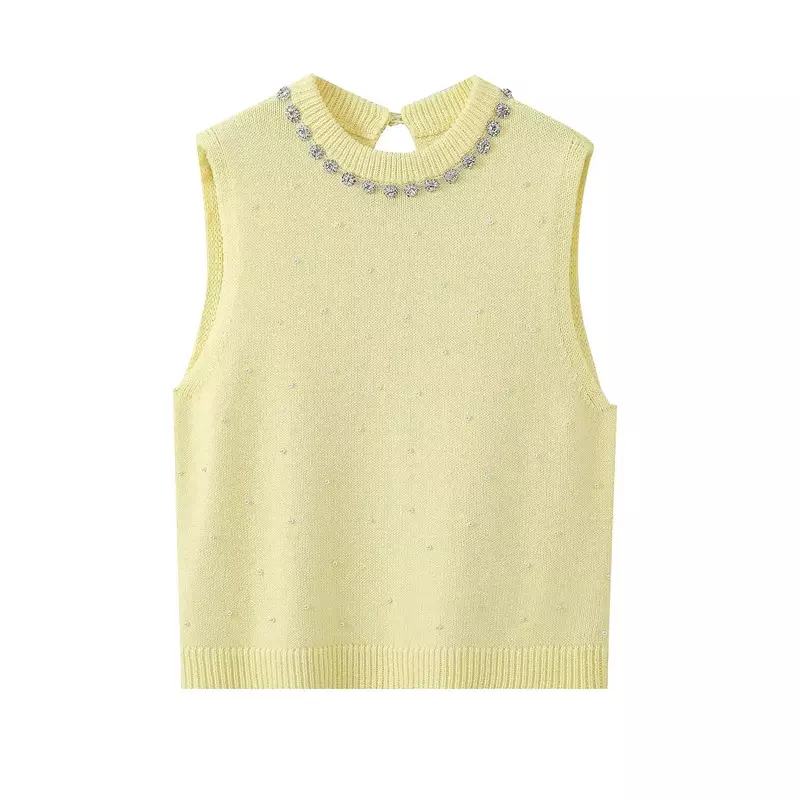 Women's 2024 New Fashion Beaded Decoration Short Casual O Neck Knitted Vest Retro Sleeveless Women's Tank Top Chic Top