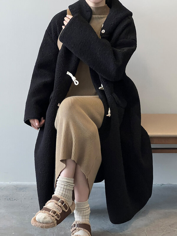 Casaco grosso feminino, casacos longos soltos quentes, bolso com botão de chifre, sobretudo monocromático, jaquetas femininas, casaco casual de lã, inverno, 2023