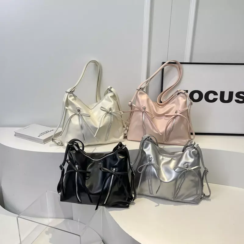 Silver Small Bow Pu Leather Shoulder Bags for Women 2024 Summer Trend Designer Fashion Handbags and Purses Trend Crossbody Bag