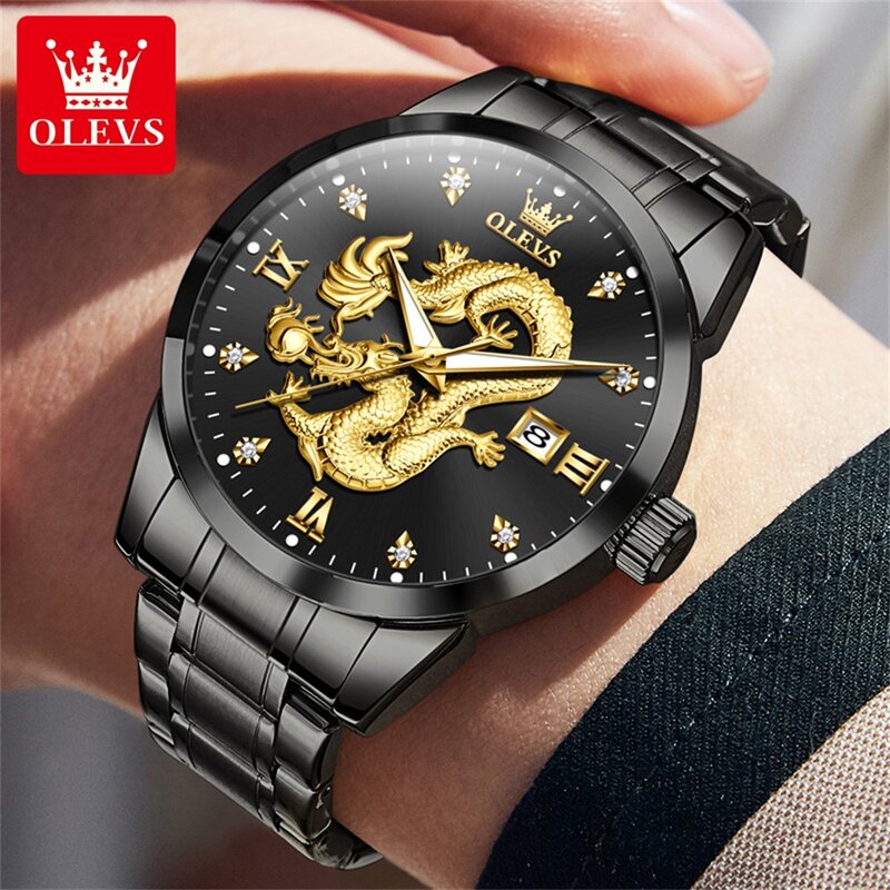 OLEVS marki 3D smok zegarek człowiek ze stali nierdzewnej wodoodporny świecący Auto data zegar na rękę luksusowe oryginalne zegarki kwarcowe dla mężczyzn