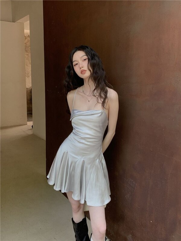 Сексуальное атласное мини-платье HOUZHOU, лето 2024, женское вечернее женское платье Y2k, пляжные платья с открытой спиной и оборками, Бандажное корейское модное
