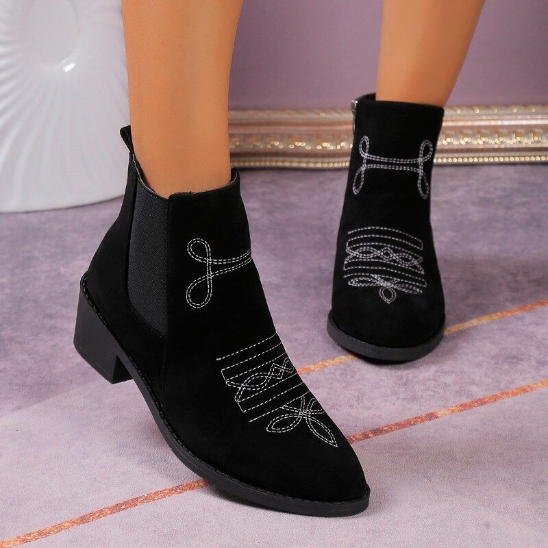 2023 Winter Med Heel Shoes for Female Side Zip Women's Ankle Boots Square Heel Women's Shoes Embroider Pointed Toe Ladies Boots