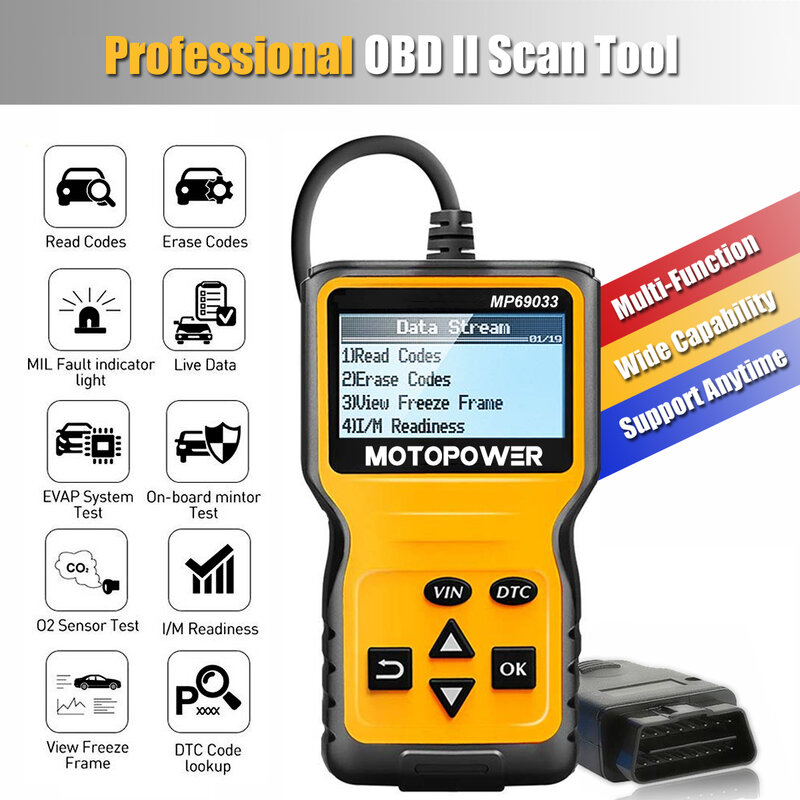 MOTOPOWER-Scanner universel MP69033 OBD2, lecteur de code de défaut de moteur de voiture, outil d'analyse LilDiagnostic pour toutes les voitures de protocole OBD II