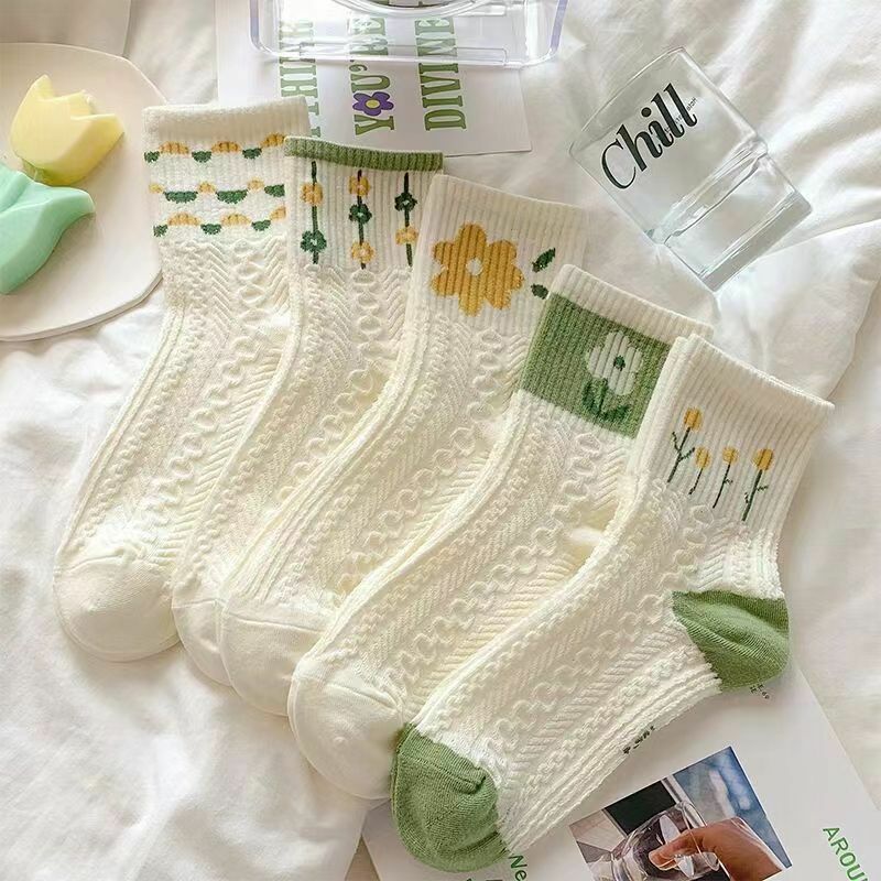 5 pairs  floral printed jacquard socks summer mesh breathable soft comfortable thin mid-tube socks for women 35-40
