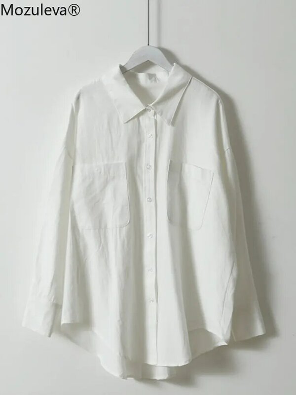 Mozuleva Basic White Shirts for Women Spring Summer Turn-down Collar Double Pockets Office Ladies Blouse Female Tops Blusas 2022