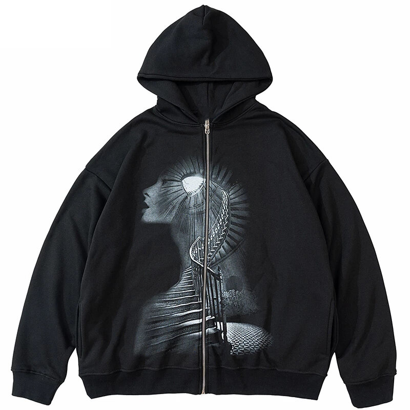 2022 verão zip up oversized hoodie y2k impressão escadas escuras goth hoodies feminino grunge jaqueta com capuz streetwear roupas retro