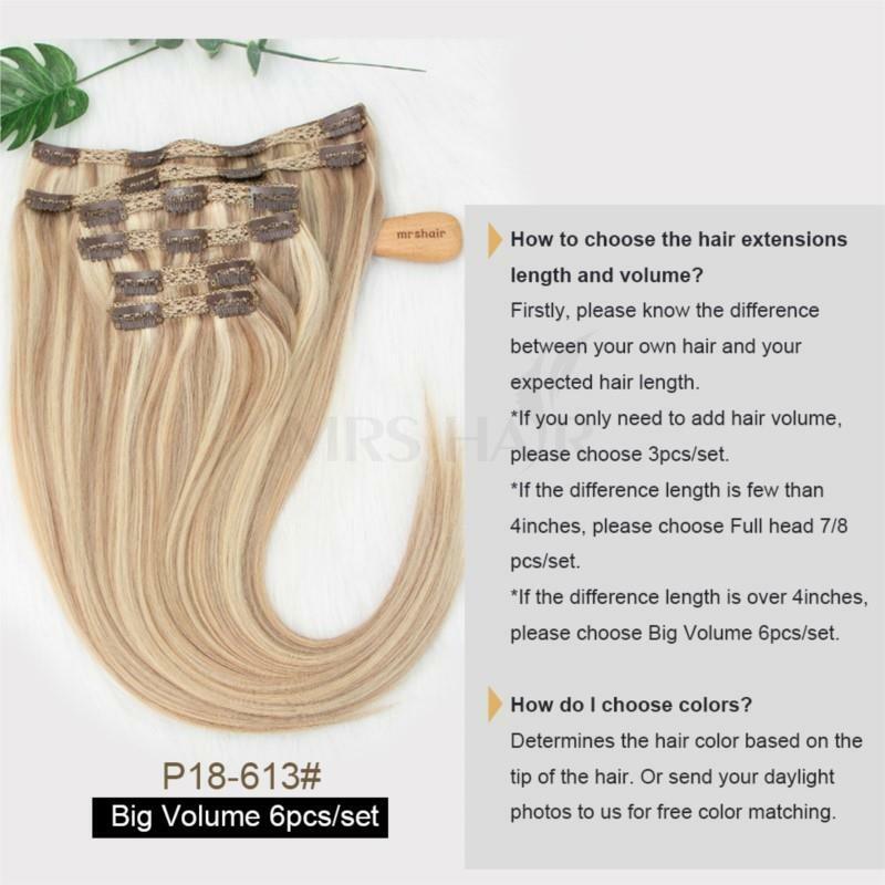 MRSHAIR-Clip em extensões de cabelo humano, extensão natural do cabelo real, Remy Clip-On Hairpiece, cabeça cheia, 12 "-24", P18-613, 1B 60