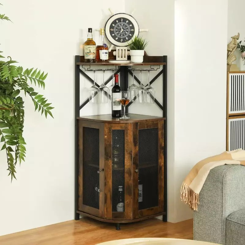 Armoire de bar d'angle avec porte-verre, réfrigérateur à vin, bar à la maison pour le stockage français ou du vin, vitrines marron rustique T1