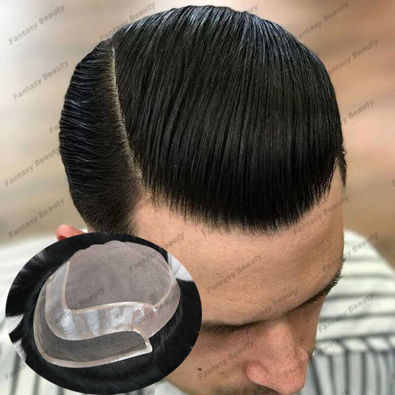 Durable Fine Mono&Lace Front Men Human Hair Toupee Natural Hairline Bleached Knots Cheap  Man Wigs Hair Prosthesis System Units